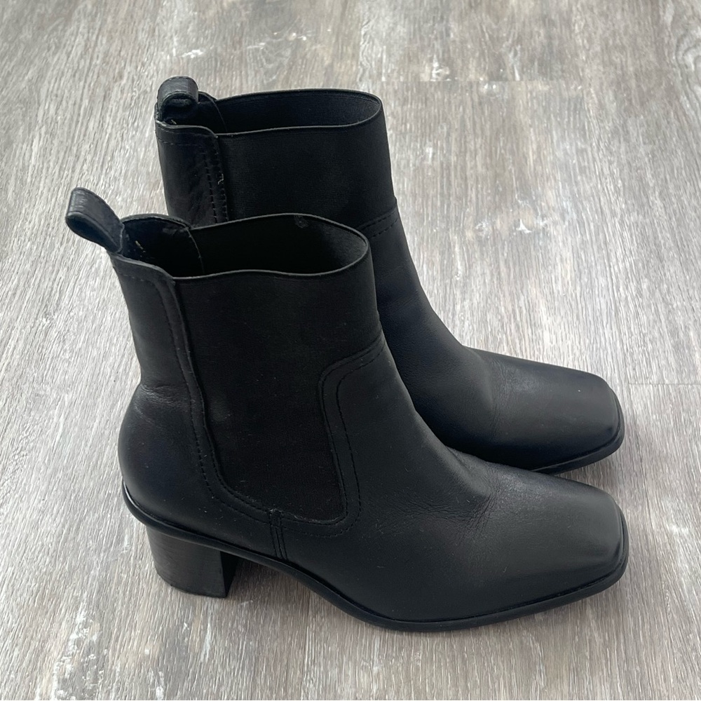 Portland Leather Patina Heeled Leather Boots Black Square Toe Booties Size 7